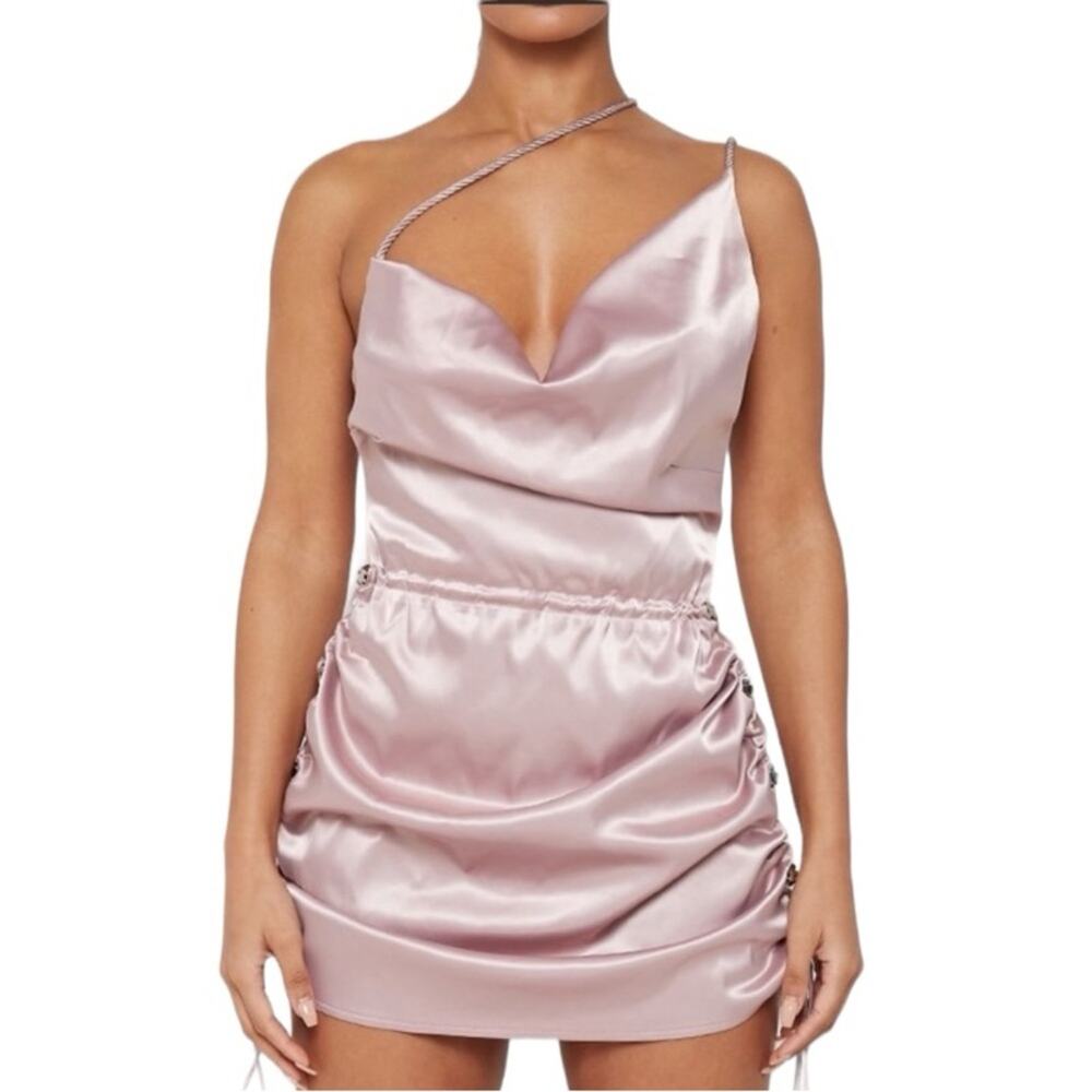 Maniere De Voir NWTs Lavender Satin Ruched Side Rope Dress size 10